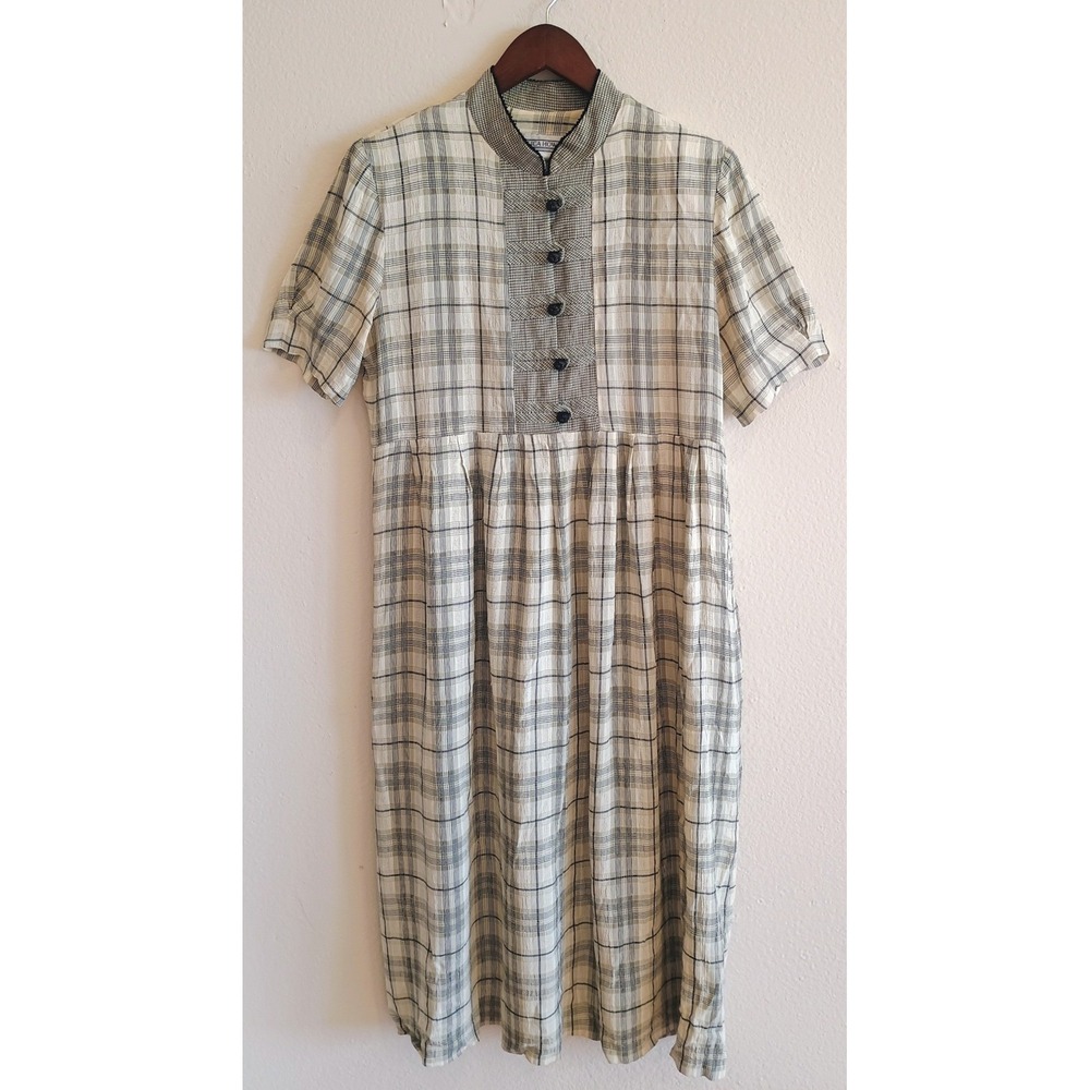 Vintage Jessica Howard Plaid Midi Dress Size 10 Houndstooth Bib Mandarin Collar